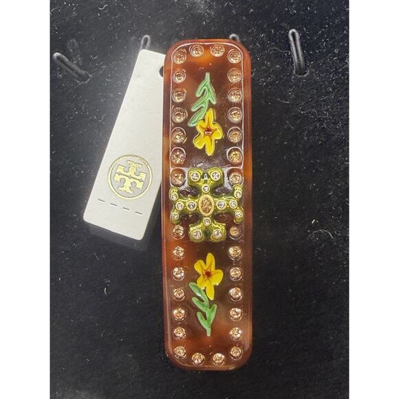 Tory Burch Roxanne Embellished Large Barrette Hair Clip Rolled Gold Tortoise NEW main image 4